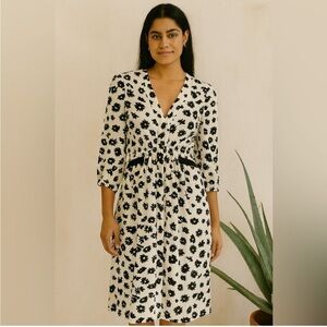 Gerard Darel 100% Silk Midi Dress Black White Floral Long Sleeve size 36 4 6